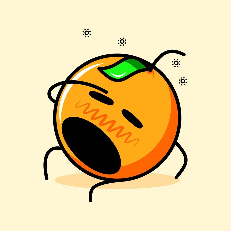 süßer orangefarbener charakter mit blatt, schwindligem ausdruck, geschlossenen augen und müde. cartoon, emoticon, modern, frisch, umriss und maskottchen logo. geeignet für Logo, Symbol und Zeichen vektor