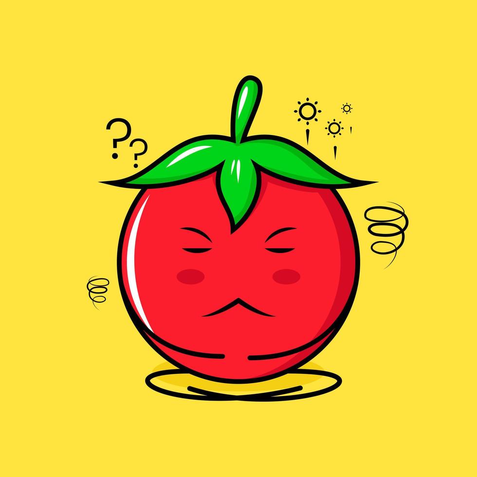 süßer Tomatencharakter mit denkendem Ausdruck, Augen schließen und mit gekreuzten Beinen sitzen. grün, rot und gelb. geeignet für Emoticon, Logo, Maskottchen vektor