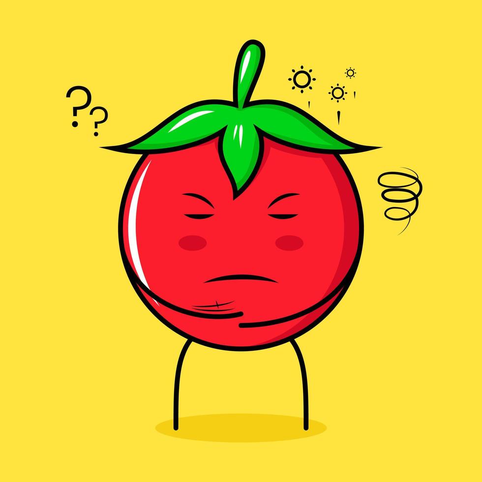 süßer tomatencharakter mit denkendem ausdruck und geschlossenen augen. grün, rot und gelb. geeignet für Emoticon, Logo, Maskottchen vektor