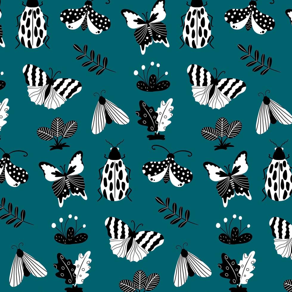 Nahtloses Muster mit schwarzen und weißen Schmetterlingen, Motten, Libellen und botanischen Elementen. Vektormuster im Cartoon-Stil. für Kleidung, Stoffe, Tapeten und alle Drucke auf weißem Hintergrund vektor