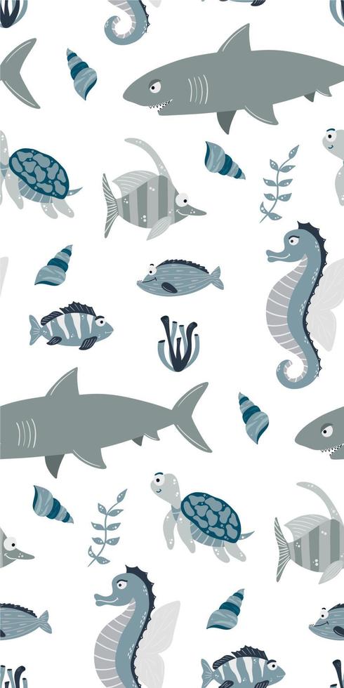 Nahtloses Kindermuster mit lustigen Fischen und Meerestieren. Kindertextur für Stoffe, Verpackungen, Textilien, Tapeten, Kleidung. Vektor-Hintergrund. vektor