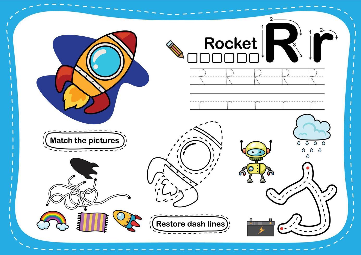 alphabetbuchstabe r - raketenübung mit karikaturwortschatzillustration, vektor