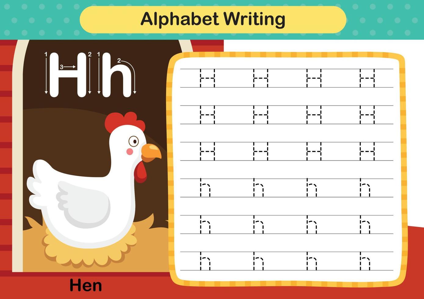 Alphabetbuchstabe h - Hühnerübung mit Cartoonvokabularillustration, Vektor