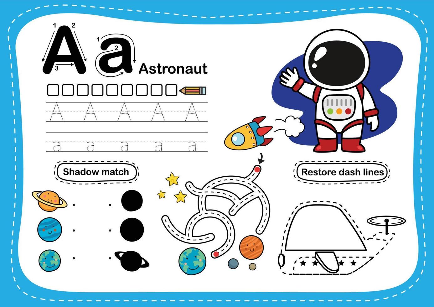 alfabetet bokstaven a - astronautövning med tecknad ordförrådsillustration, vektor