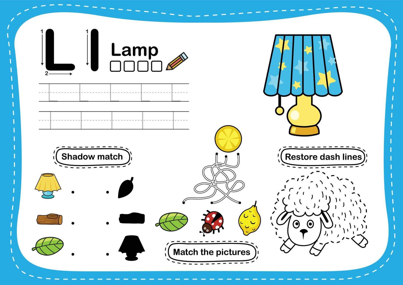 Alphabetbuchstabe l - Lampenübung mit Cartoonvokabularillustration, Vektor