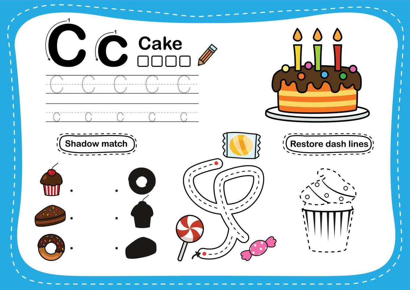 Alphabetbuchstabe c - Kuchenübung mit Cartoonvokabularillustration, Vektor