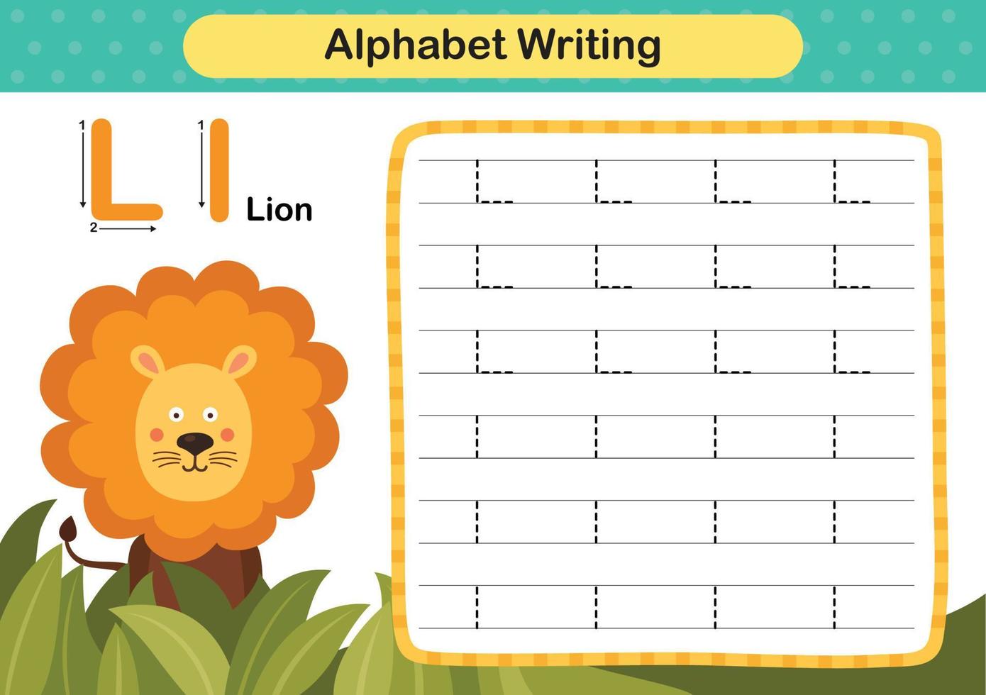 alfabetet bokstaven l - lejon övning med tecknad ordförråd illustration, vektor