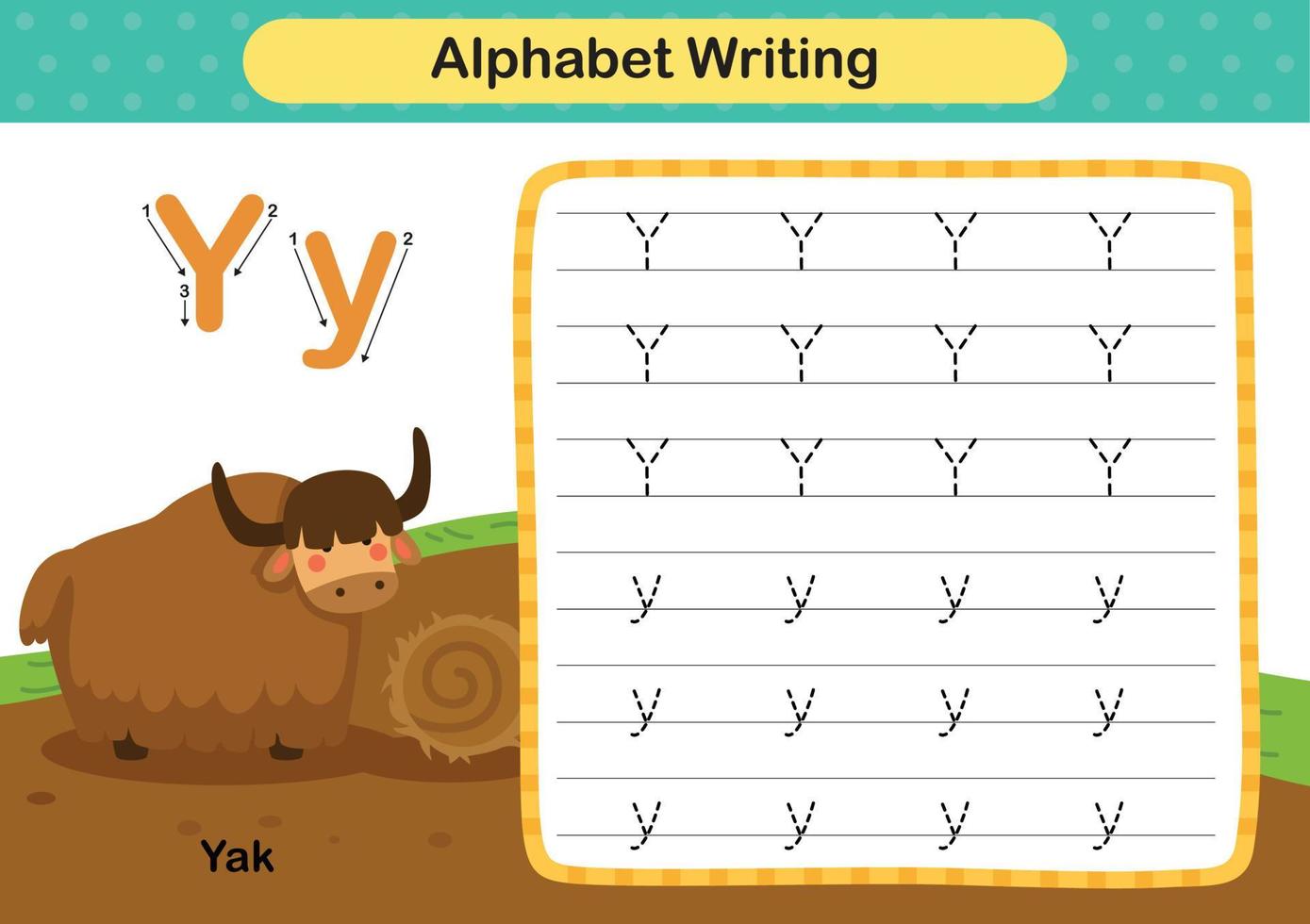 alfabetet bokstaven y - jak övning med tecknad ordförråd illustration, vektor