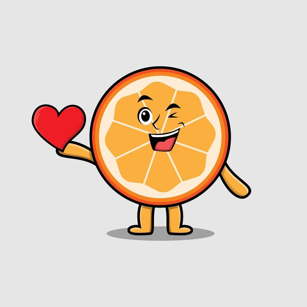 söt tecknad orange frukt håller stort rött hjärta vektor
