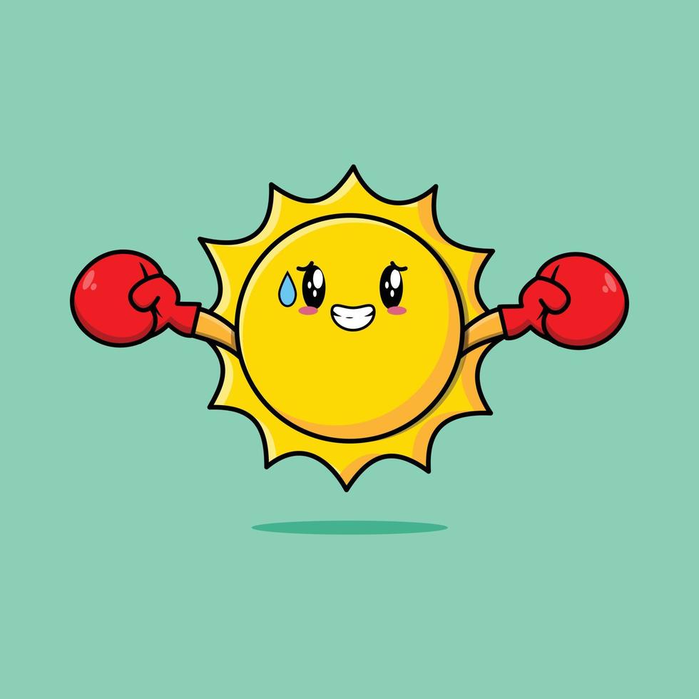 niedlicher sonnenmaskottchen-cartoon, der sport mit boxen spielt vektor