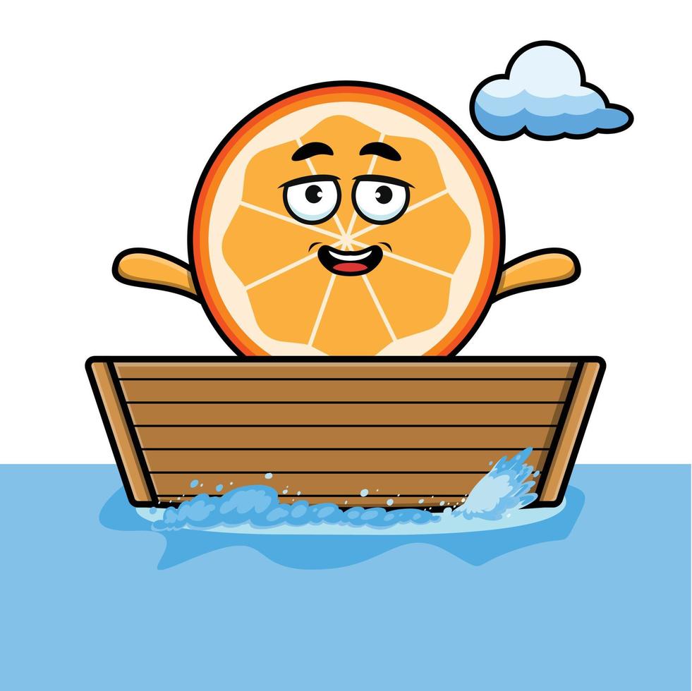 niedliche Cartoon-Orangenfrucht steigt ins Boot vektor