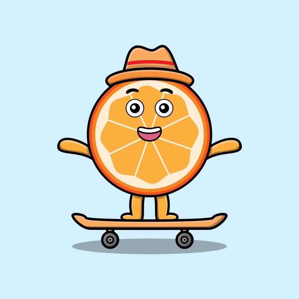 söt tecknad orange frukt står på skateboard vektor