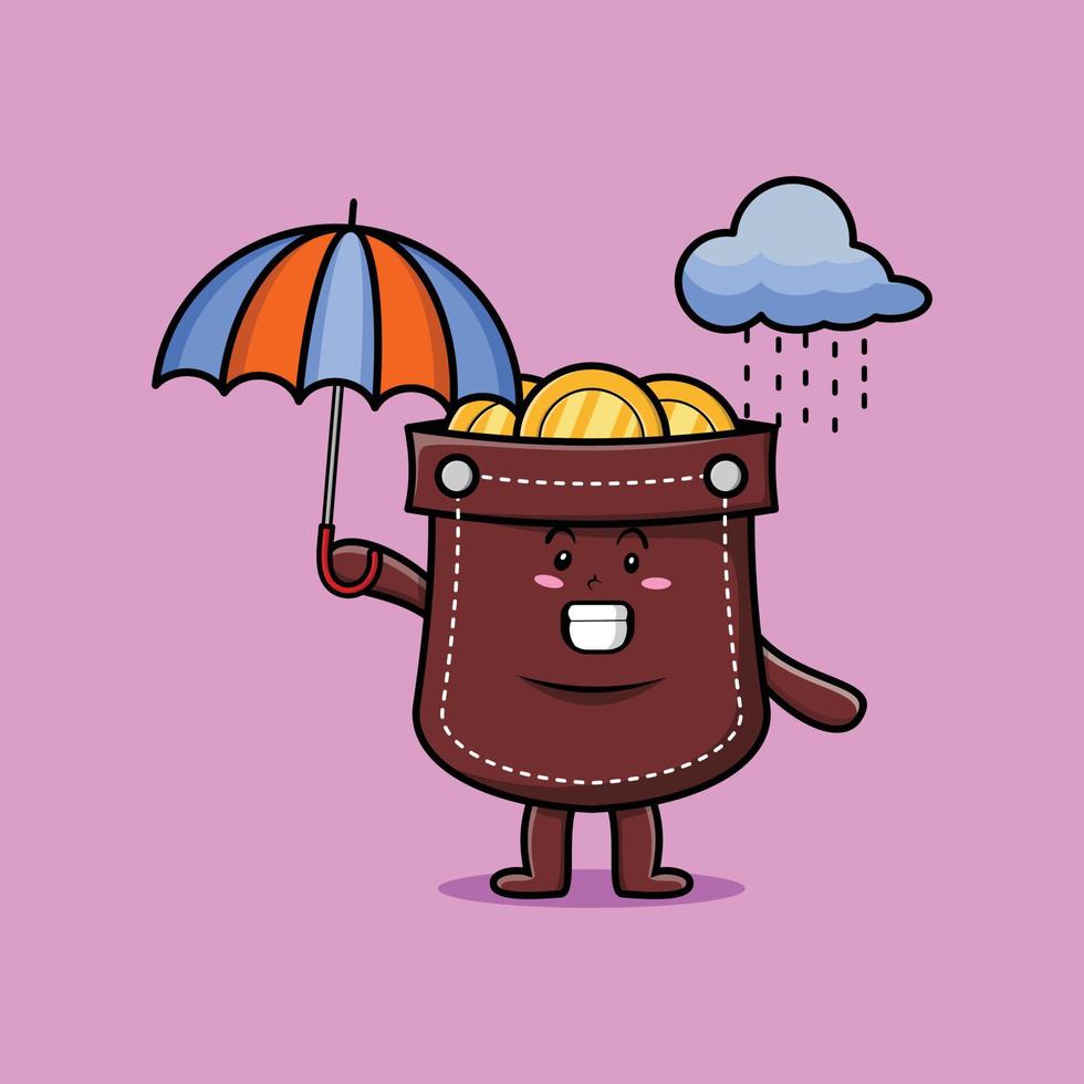 süße Cartoon-Tasche im Regen und mit Regenschirm vektor