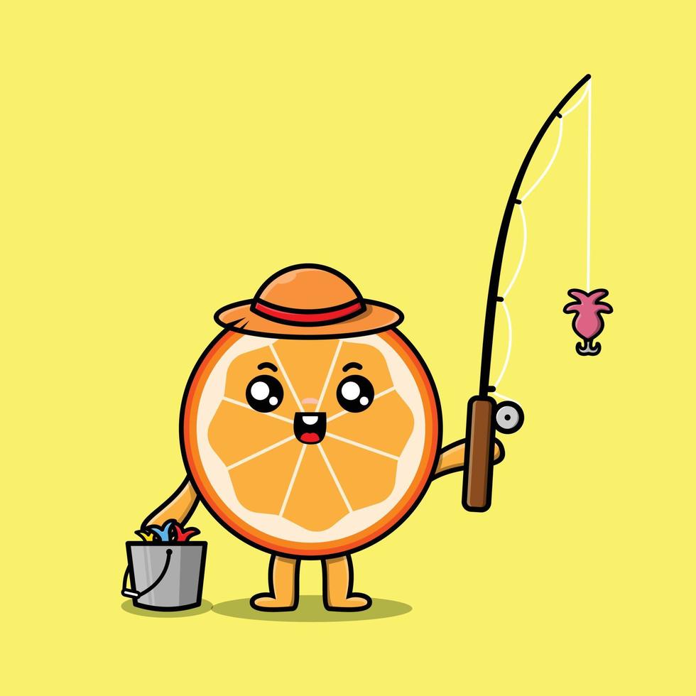 niedliche Cartoon-Orangenfrucht bereites Fischen vektor