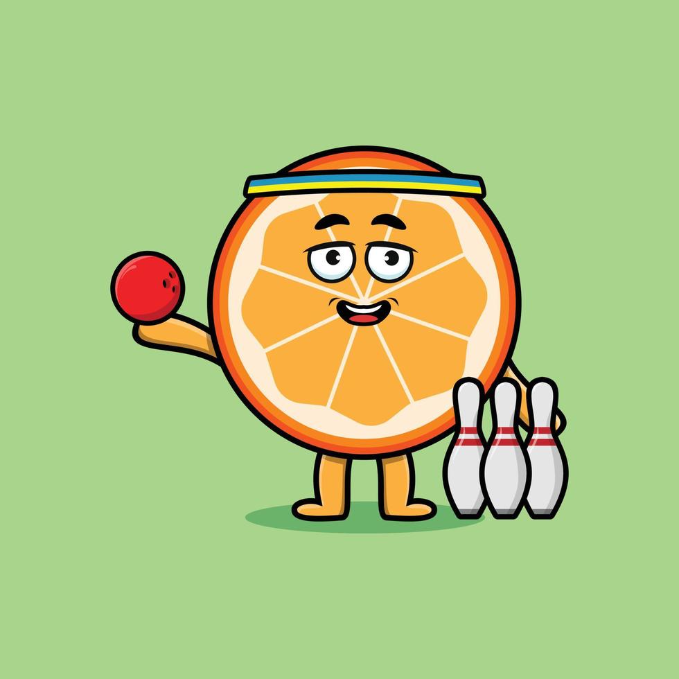 söt tecknad orange frukt spelar bowling vektor
