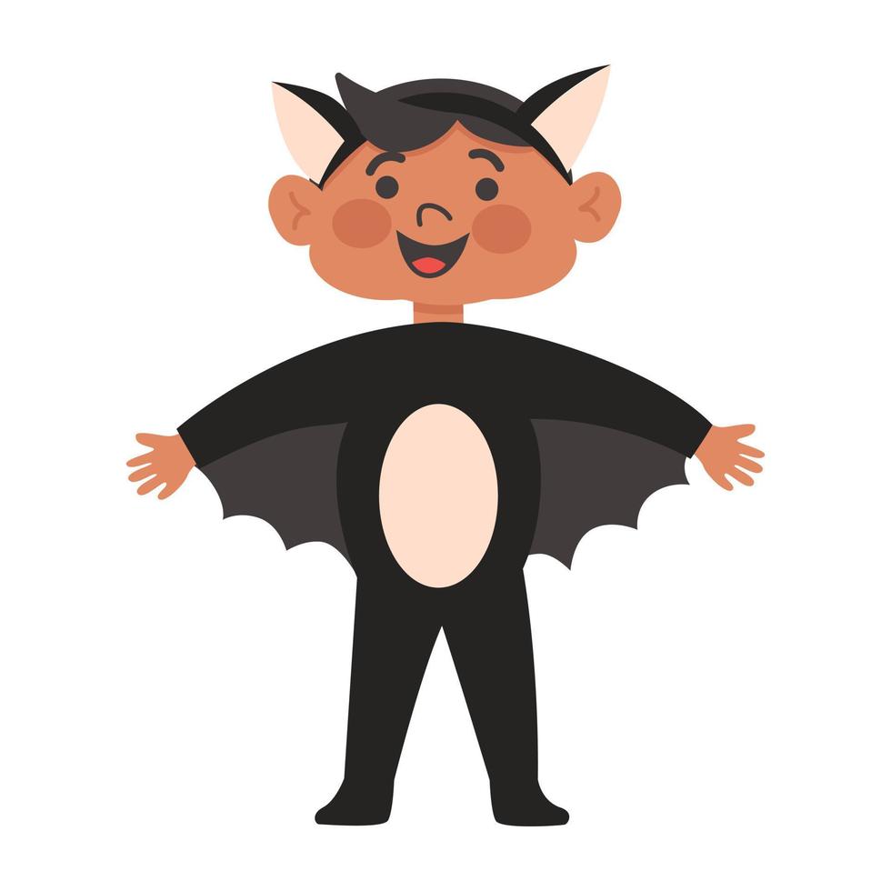 Halloween-Kostümparty für Kinder. Süßer lateinamerikanischer, hispanischer Junge mit dunkler Haut im Halloween-Fledermauskostüm. vektor