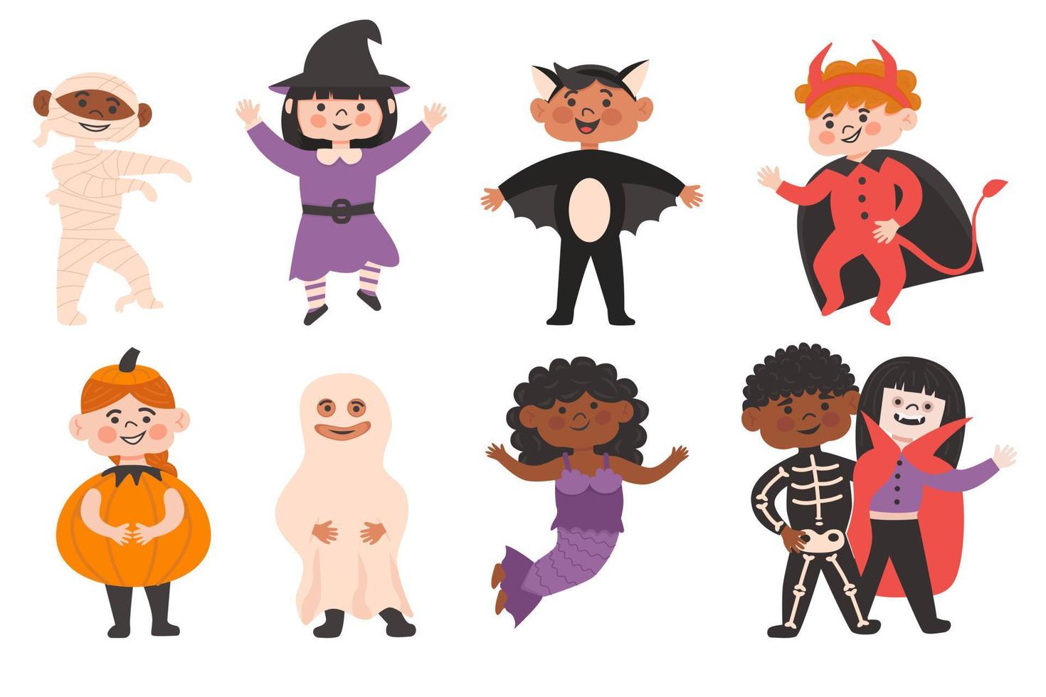 Halloween-Kostümparty für Kinder. niedliche verschiedene nationaliten mädchen und jungen in vampir, fledermaus, teufel, geist, meerjungfrau, mama, kürbishexe und skelettkostüm. vektor