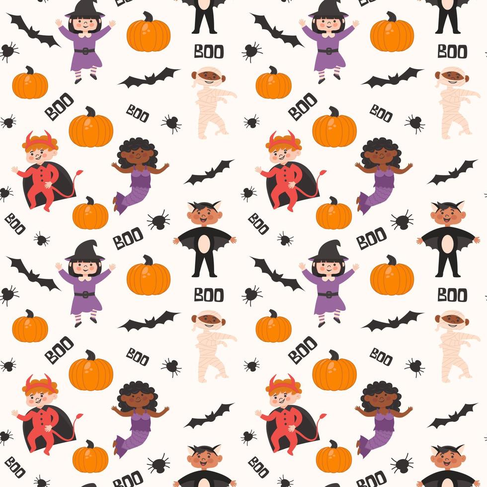 nahtloses muster der halloween-kinderkostümparty. Kinder in Fledermaus, Hexe, Mumie, Teufel, Meerjungfrauenkostüm. vektorillustration von halloween-charakteren vektor