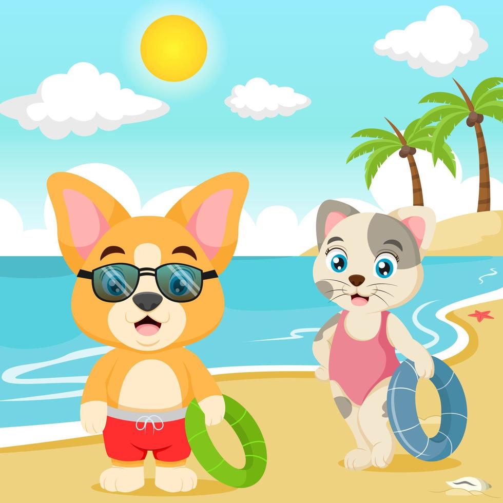 Cartoon lustiger kleiner Hund mit Katze am Strand vektor