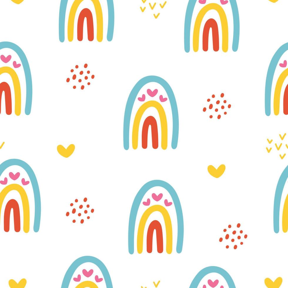 sömlösa barnsliga färgglada mönster med söta doodle regnbågar och hjärtan, prickar. kreativ barnstruktur för tyg, omslag, textil, tapeter, kläder. vektor illustration