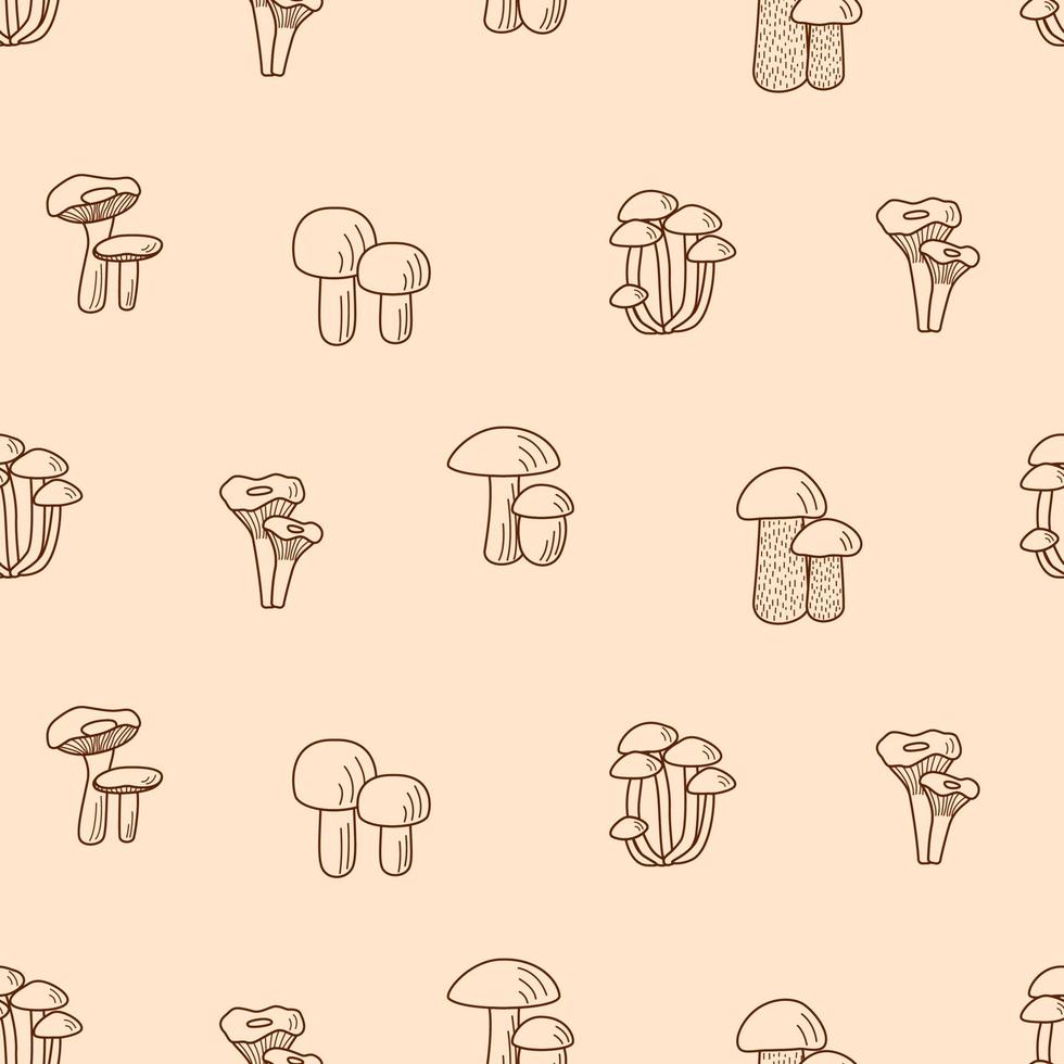 sömlösa mönster doodle svamp ikoner vektor. illustration av boletus, kantareller, honungssvamp, champinjoner, aspsvamp och russula vektor