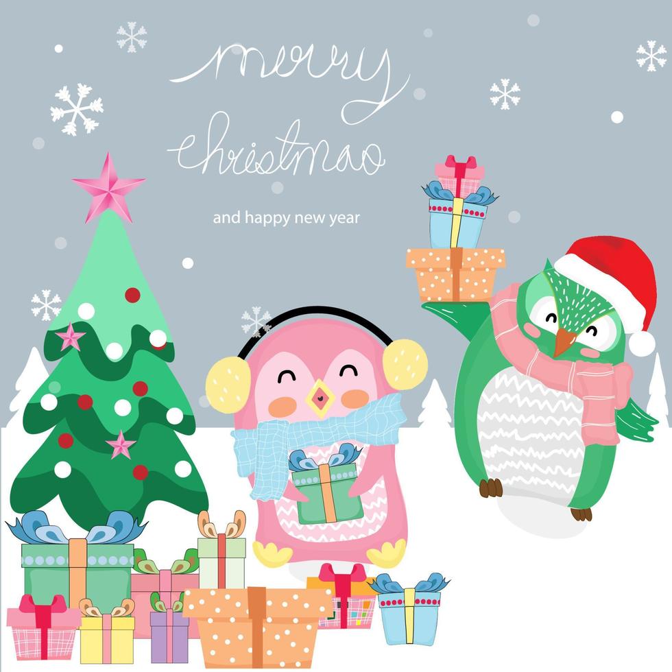 pinguine und eule im winter.christmas party card.cute animal cartoon. vektor