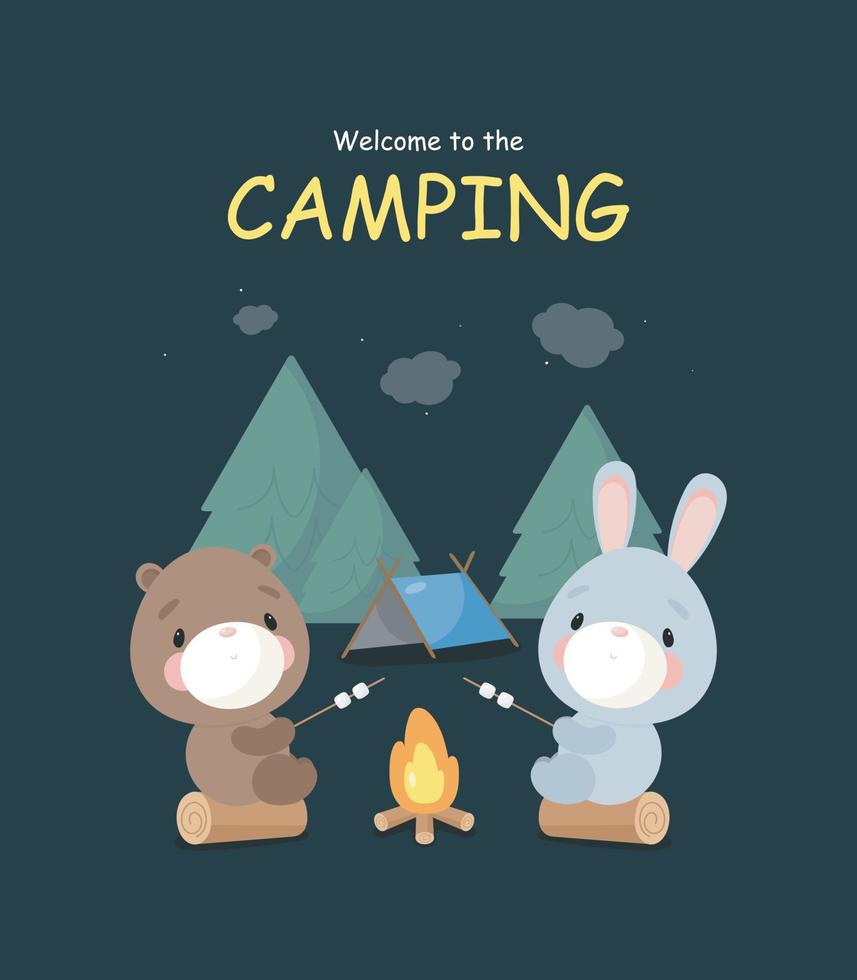 campingaffisch med söta björn och kanin stekt marshmallows på en brasa. tecknad stil. vektor illustration.