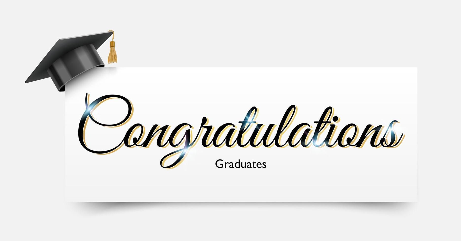 Glückwunschzeichen für den Abschluss mit schwarzer Kappe der Graduiertenuniversität oder -hochschule, Vektorillustration vektor