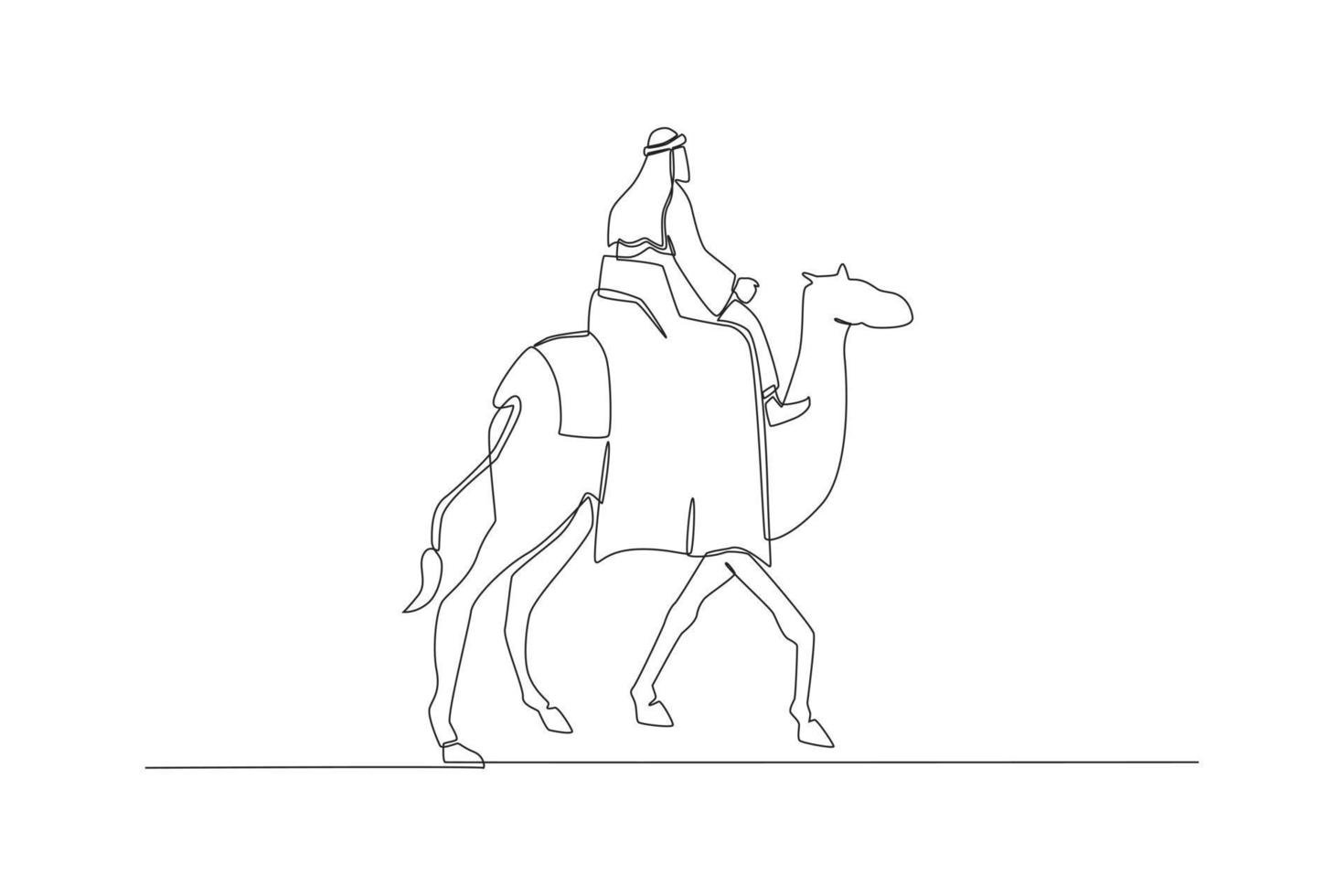 en kontinuerlig linjeteckning av arabiska ungdomar som rider på en kamel. gott islamiskt nytt år. enda rad rita design vektorgrafisk illustration. vektor