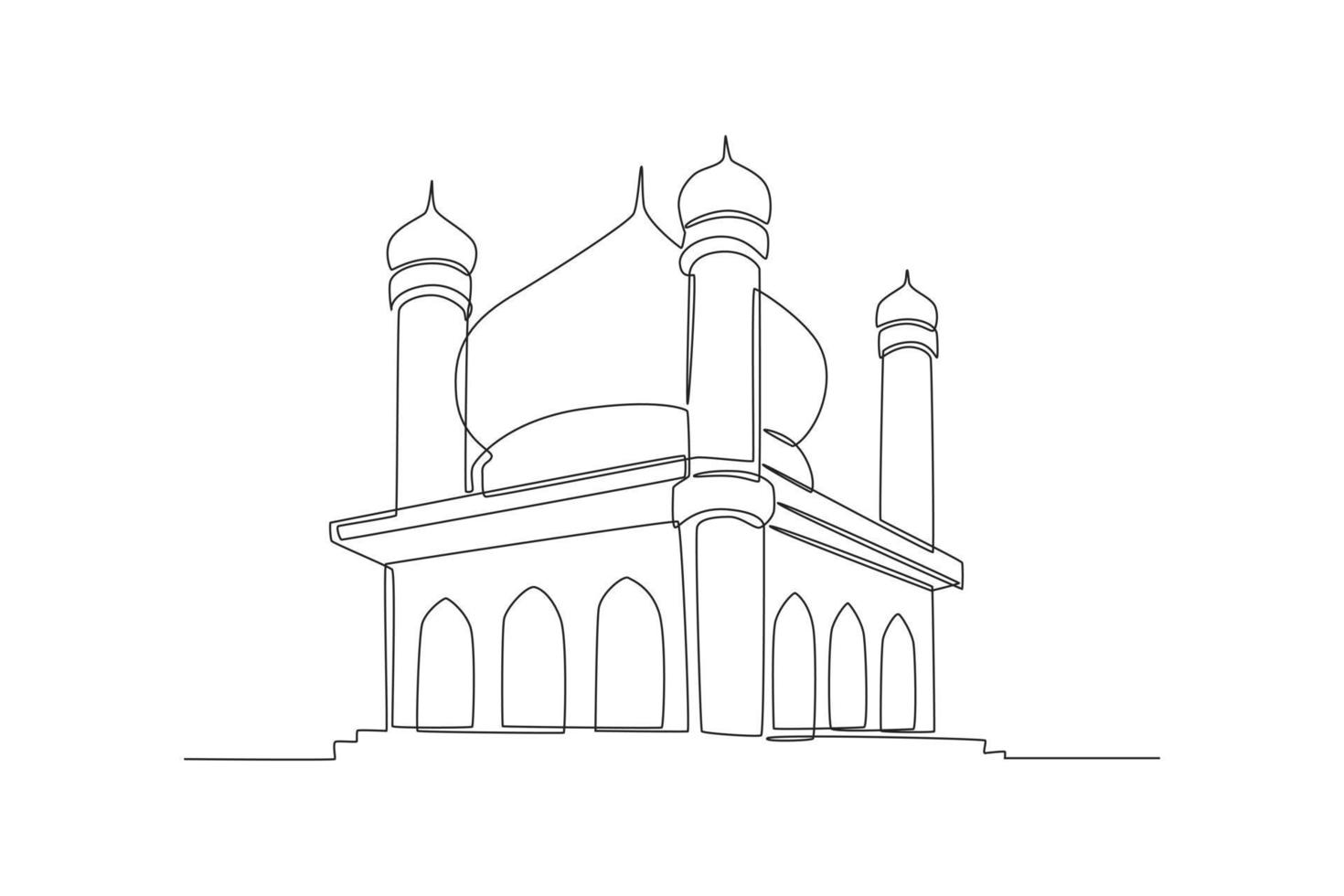en kontinuerlig linjeteckning av vacker landskapsmoské. islamisk moské koncept. enda rad rita design vektorgrafisk illustration. vektor