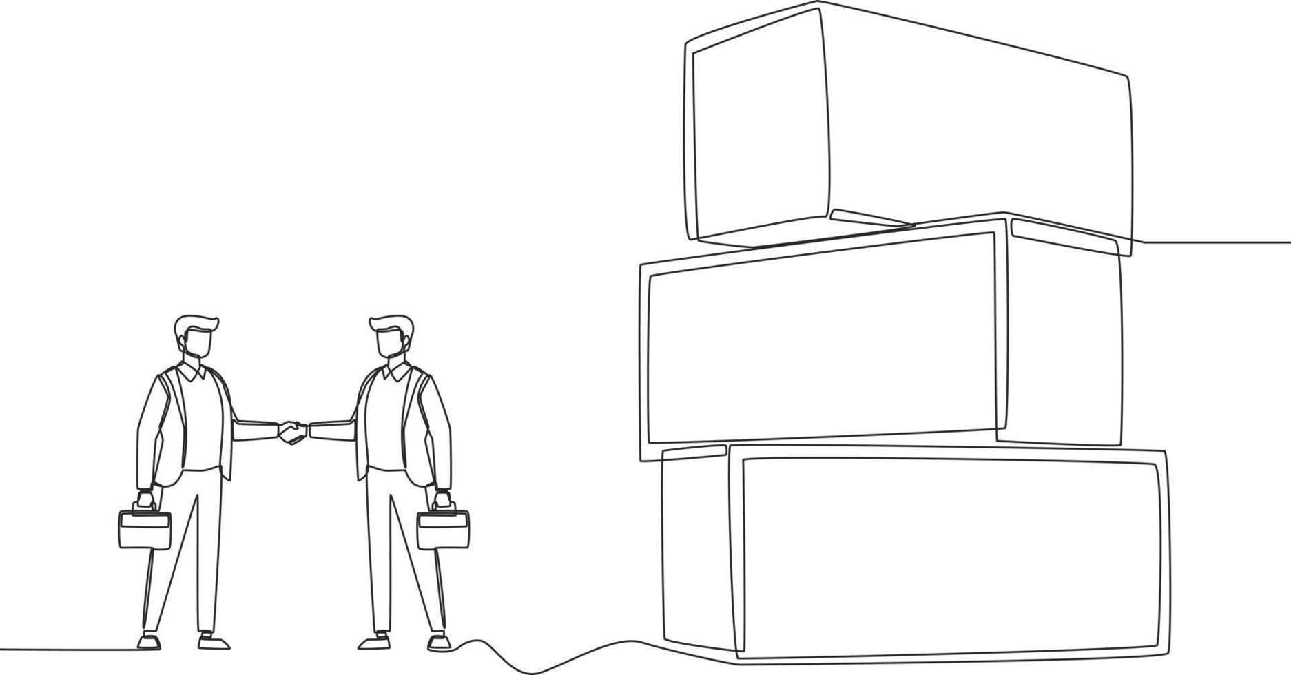 einzelne einstrichzeichnung zwei kunden treffen sich auf dem frachtcontainer. konzept für den export und import von geschäftsvereinbarungen. ununterbrochene Linie zeichnen grafische Vektorillustration des Designs. vektor