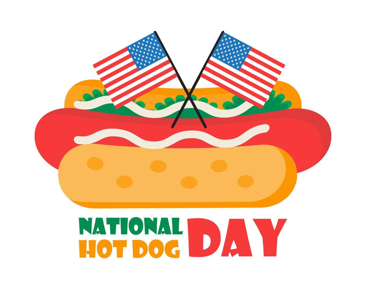 Nationale Hot-Dog-Konzeptvektorpostkarte und -netz. amerikanisches Fast-Food-Poster oder Banner für den Tag mit einem Hot Dog mit Salat. kleine usa-flagge wird gezeigt. vektor