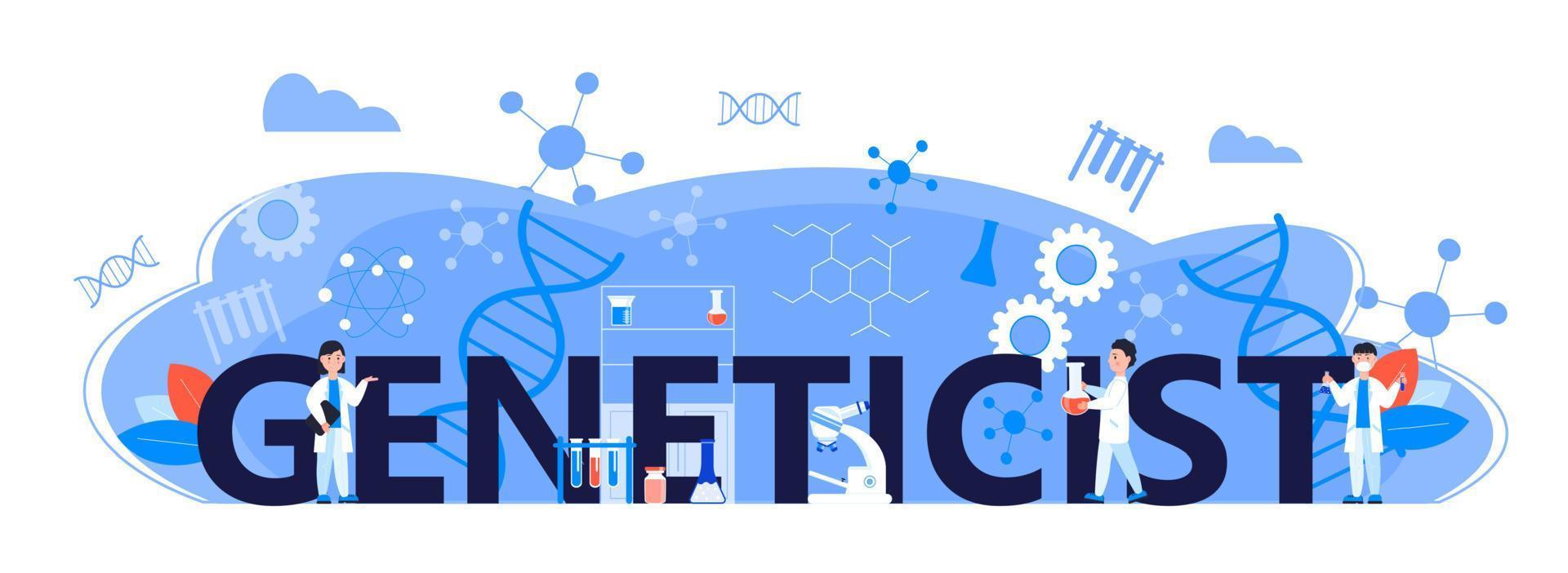 genetiker koncept vektor för header webbplats. innovation, vetenskaplig forskning och onlinestudier. kemi, medicinforskare arbetar. forskare studerar mikroorganismer i mikroskop.