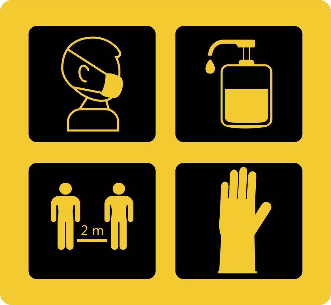 Verwenden Sie den Infografik-Vektor für Händedesinfektionsmittel. Anweisung gegen die Ausbreitung des Corona-Virus. Covid-19-Präventionstipps auf der gelben Tafel. Maske tragen. Handschuhe verwenden. vektor