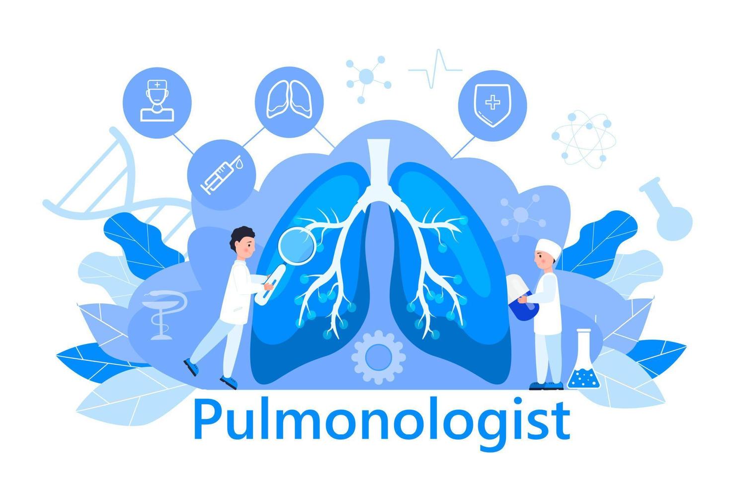 lungläkare koncept vektor. lungfibros, tuberkulosillustration. lunginflammation, lungdiagnos röntgenapparat. små läkare behandlar, skannar lungor vektor