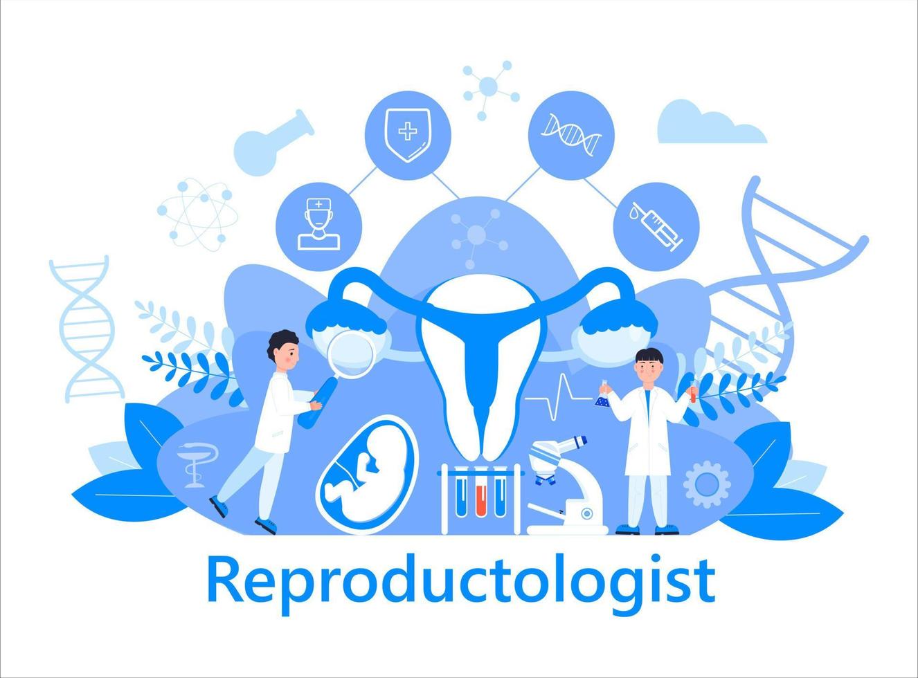 Konzeptvektor für Reproduktionswissenschaftler. medizinische gesundheits-genwissenschaftstechnologie, zentrum der reproduktionsmedizin mit winzigen ärzten für die website. Landingpage, App. IVF und Unfruchtbarkeitsbehandlung. vektor