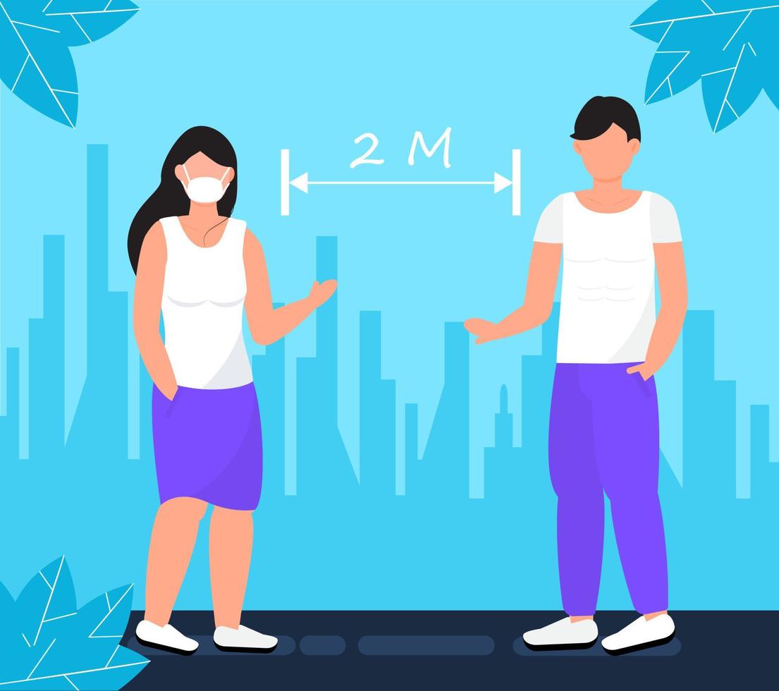 social distanseringskonceptvektor, kvinna och man håller avstånd för infektionsrisk och sjukdom. flickan bär medicinsk mask för att skydda covid-19. förebyggande coronavirus illustration. vektor