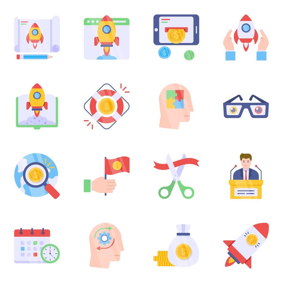 Pack von Business- und Launch-Flat-Icons vektor