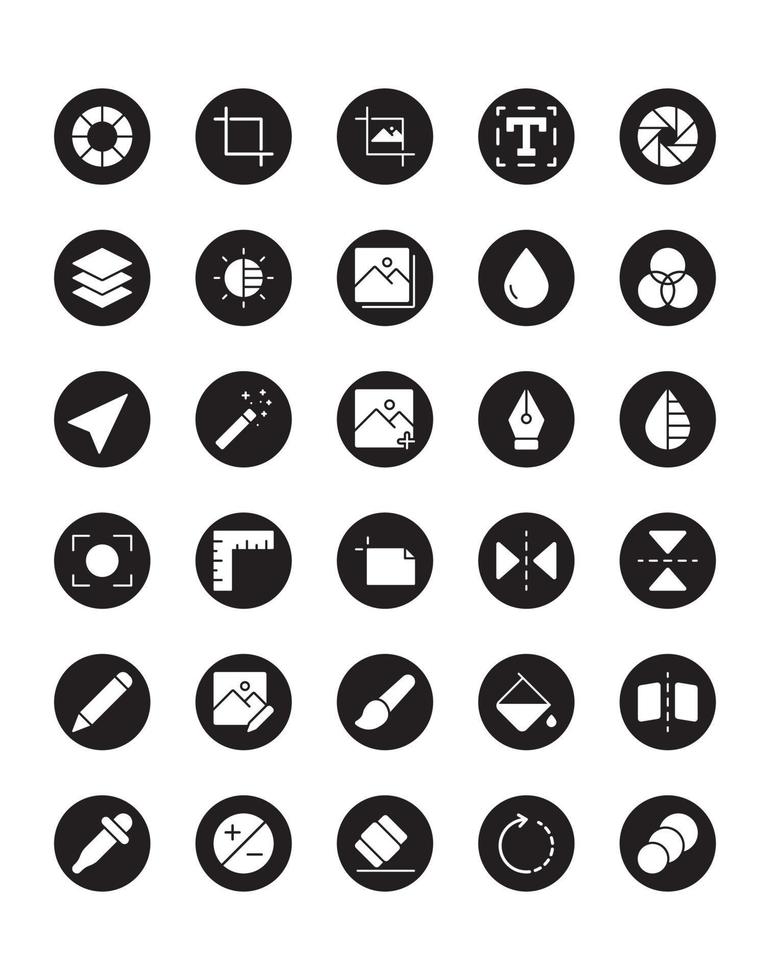 Bildbearbeitungssymbolsatz 30 isoliert auf weißem Hintergrund vektor