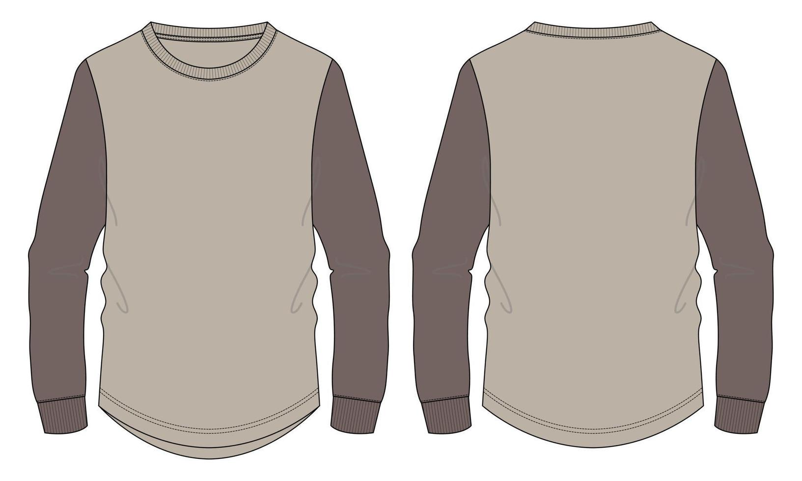 tvåfärgad långärmad t-shirt teknisk mode platt skiss vektorillustration mockup mall för män och pojkar. vektor