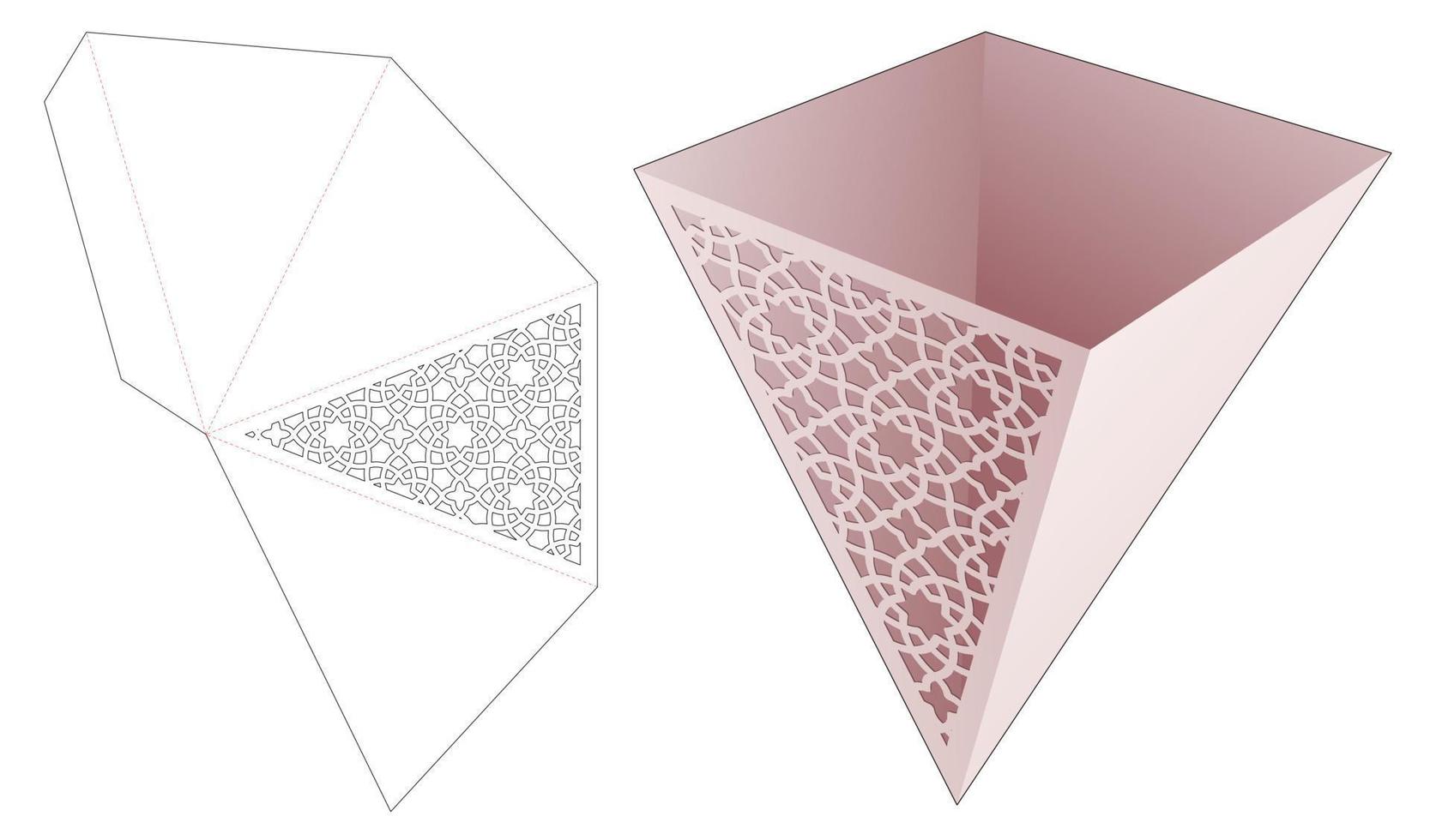 pyramidenförmiger behälter mit schabloniertem arabischem muster, gestanzte vorlage und 3d-modell vektor