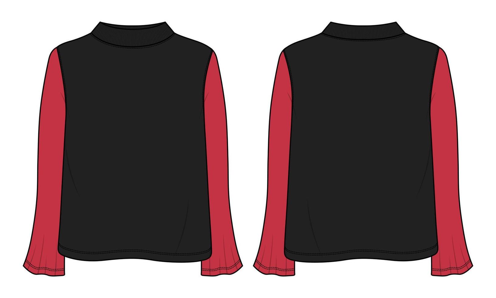 långärmad t-shirt toppar tekniskt mode platt skiss vektor illustration svart färg mall för flickor