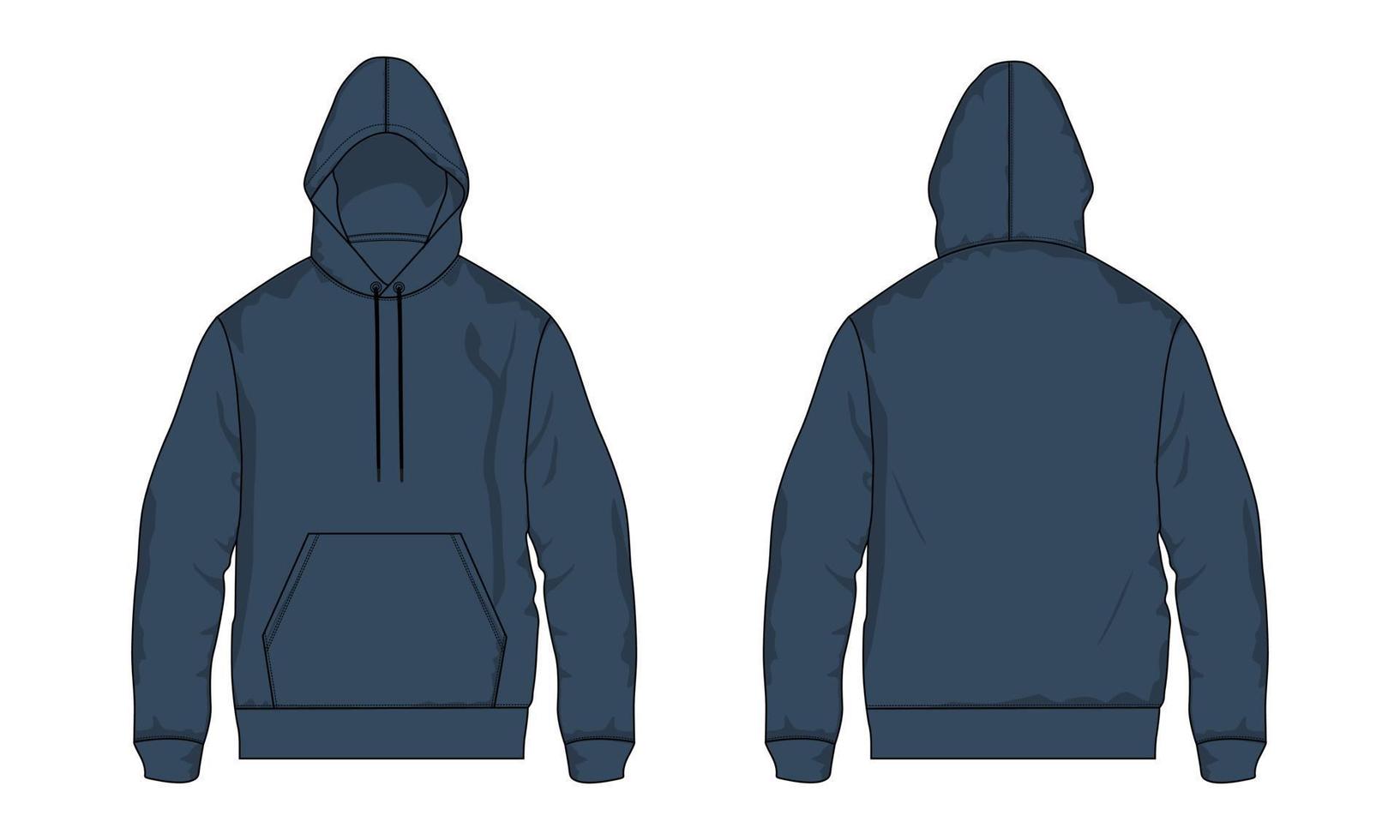 långärmad hoodie teknisk mode platt skiss vektor illustration marinblå färg färg mall