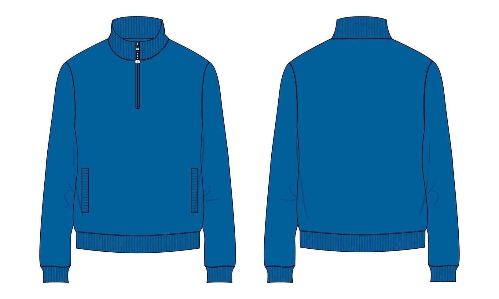 långärmad sweatshirt jacka teknisk mode platt skiss vektor illustration blå färg mall