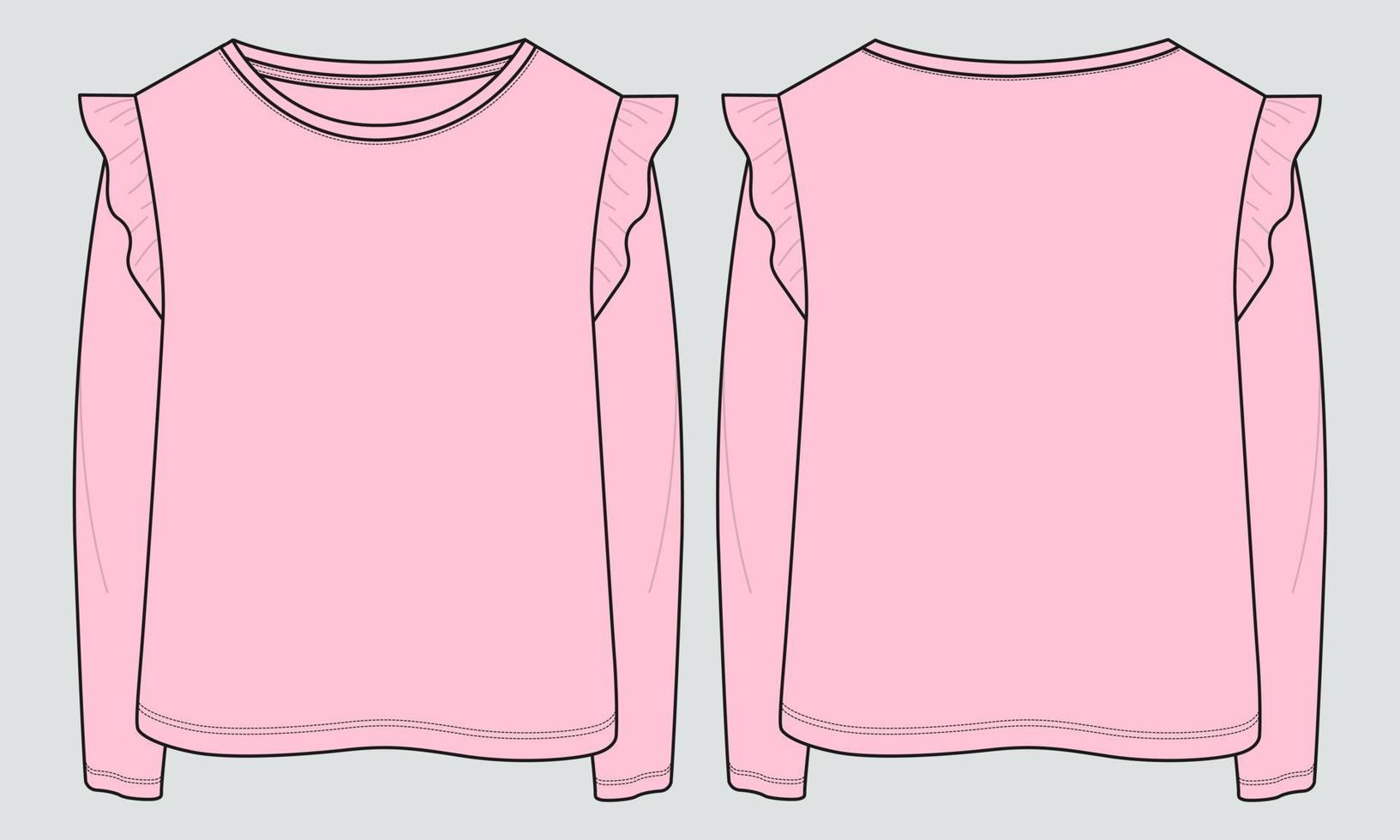långärmad t-shirt toppar tekniskt mode platt skiss vektor lila färg mall för damer