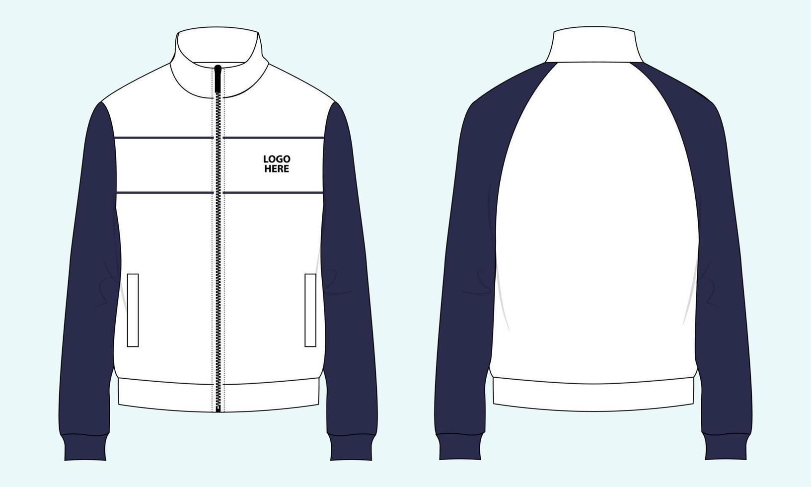 tvåfärgad vit och marinblå färg jacka sweatshirt teknisk mode platt skiss vektor mall