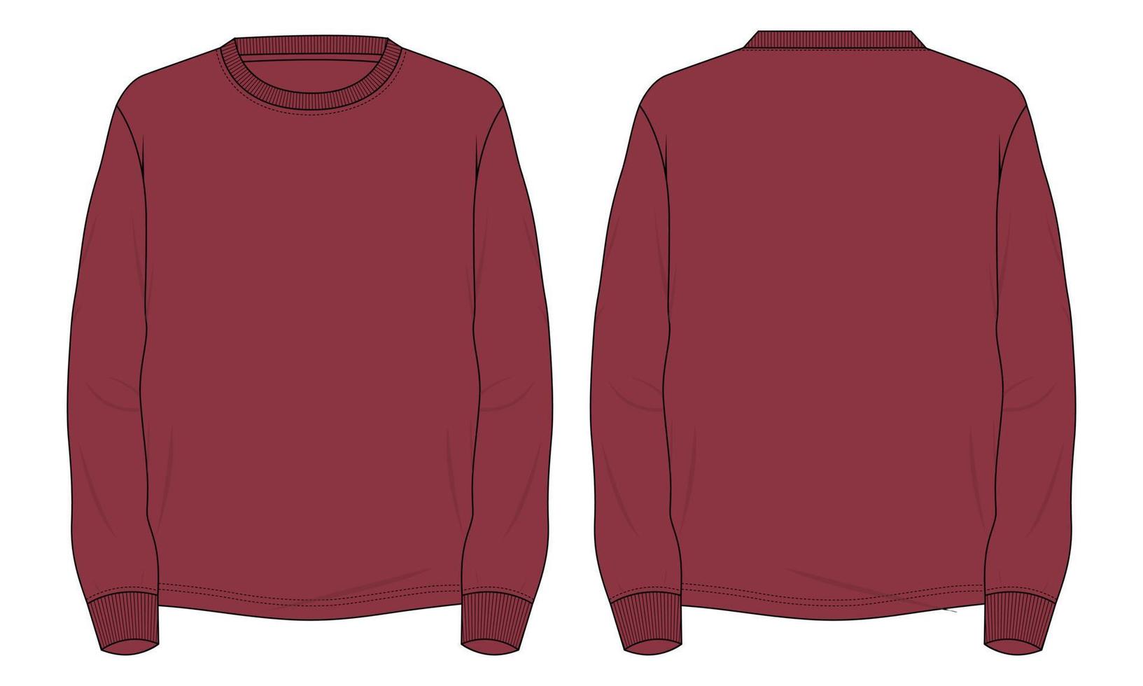 långärmad t-shirt tekniskt mode platt skiss vektorillustration röd färg mock up mall för män och pojkar. vektor