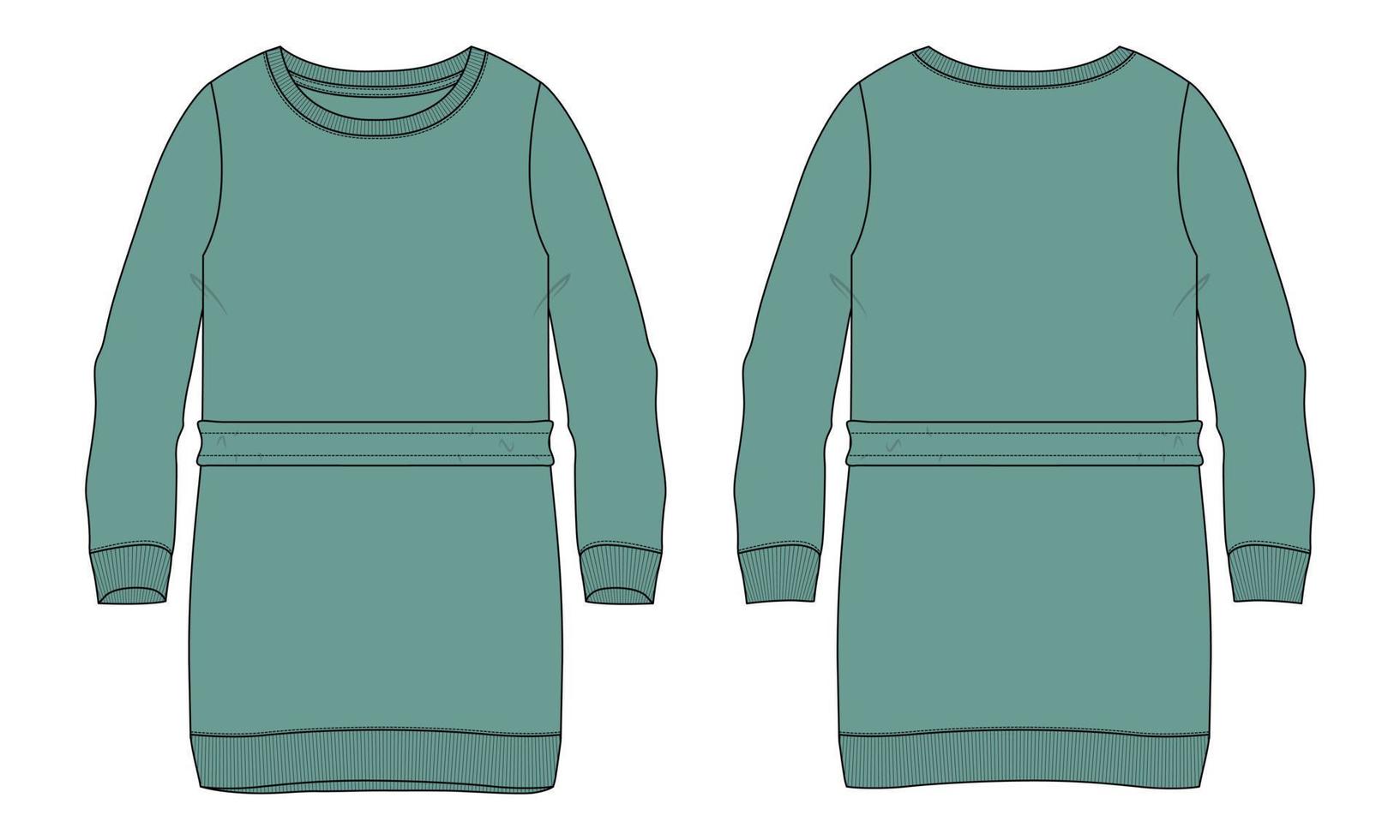oversize lång bomullsfleece tröja teknisk platt skiss vektor grön färg mall för kvinnor