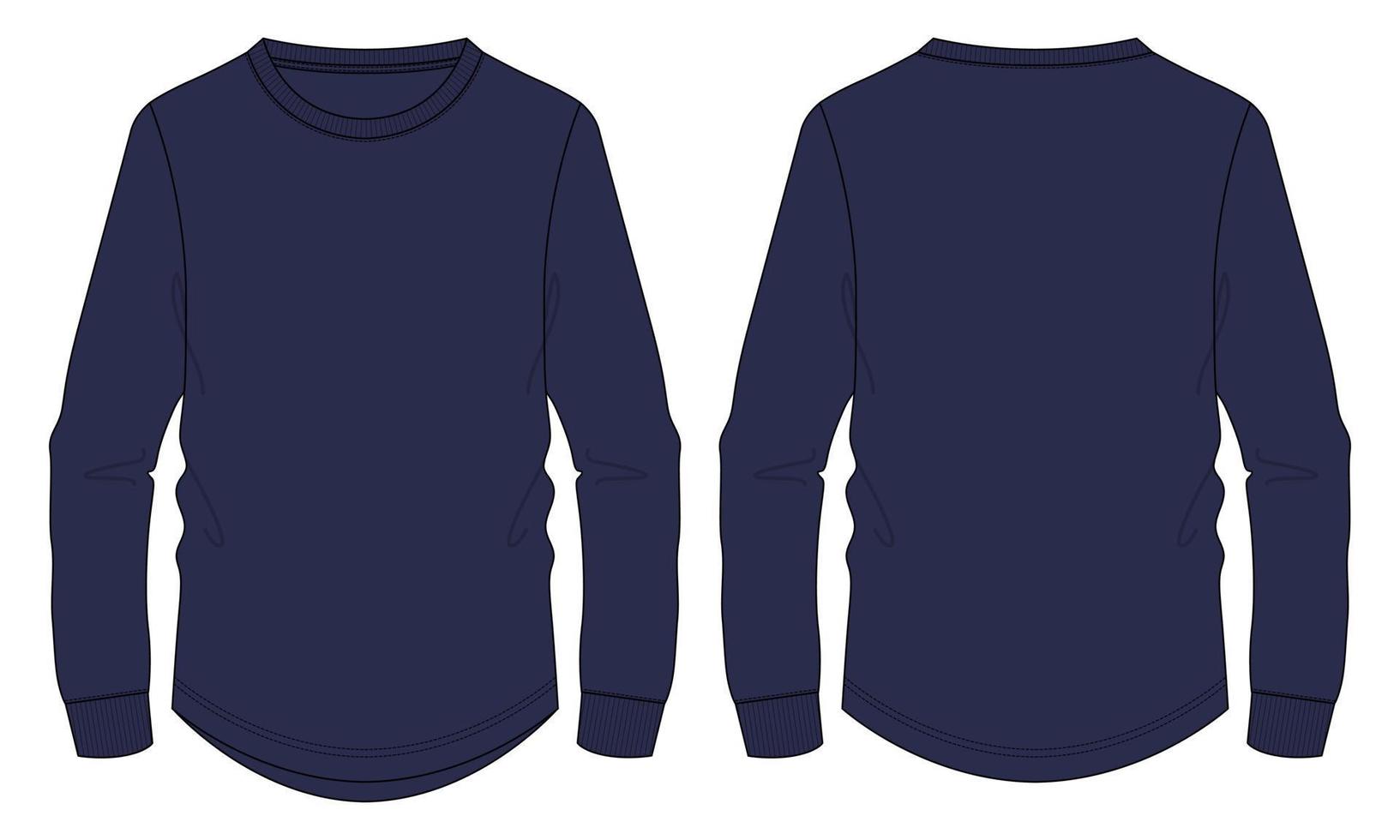 långärmad t-shirt tekniskt mode platt skiss vektorillustration marin färg mock up mall för män och pojkar. vektor
