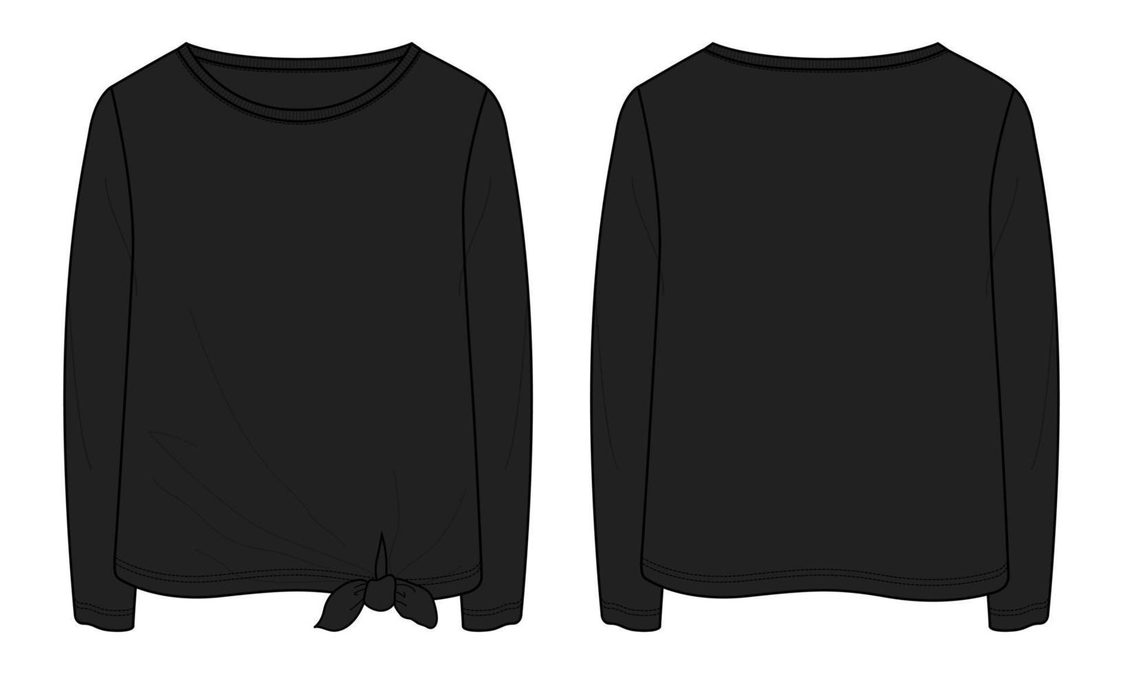 langärmliges t-shirt tops technische mode flache skizze vektor schwarze farbvorlage für damen